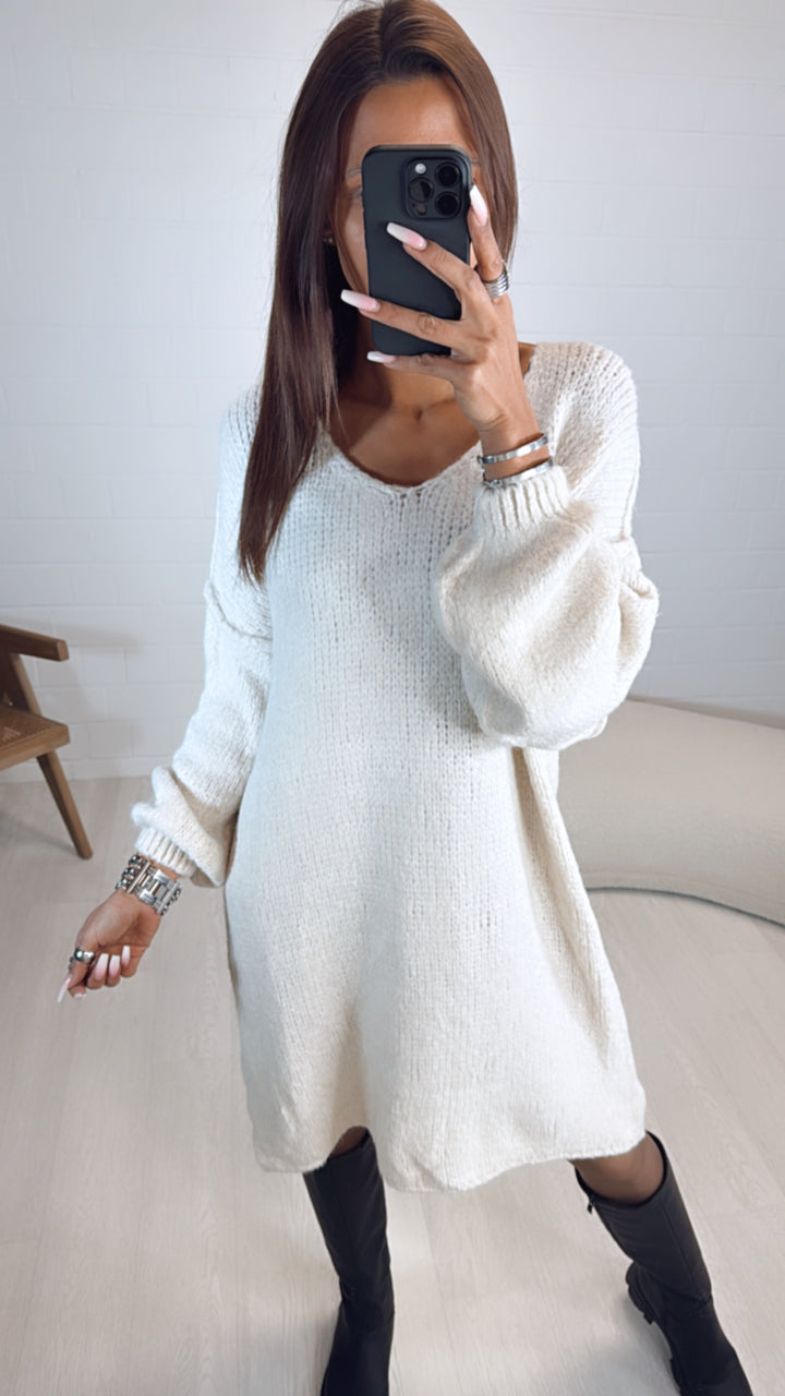 Kuschel Long Strick Pullover / Kleid, V-Ausschnitt / wollweiss Art. 8150