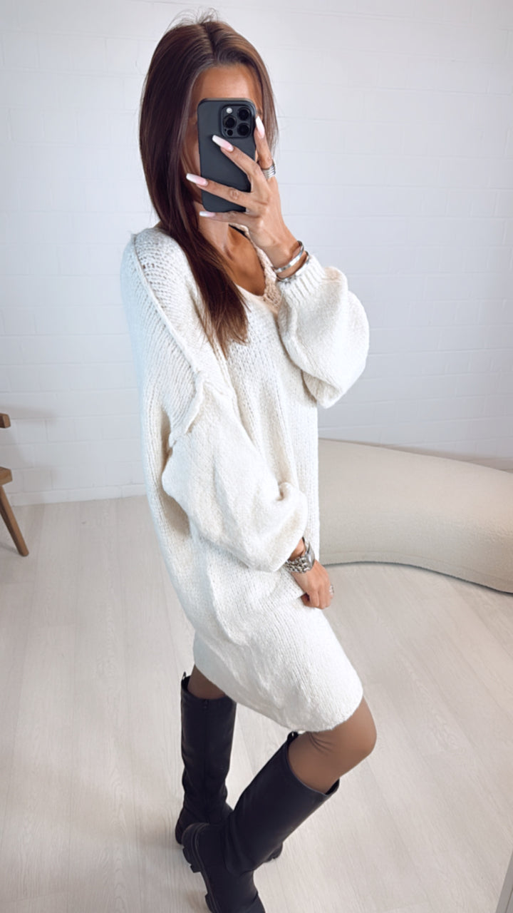 Kuschel Long Strick Pullover / Kleid, V-Ausschnitt / wollweiss Art. 8150