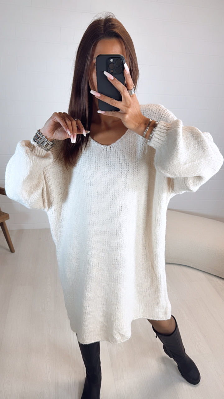 Kuschel Long Strick Pullover / Kleid, V-Ausschnitt / wollweiss Art. 8150