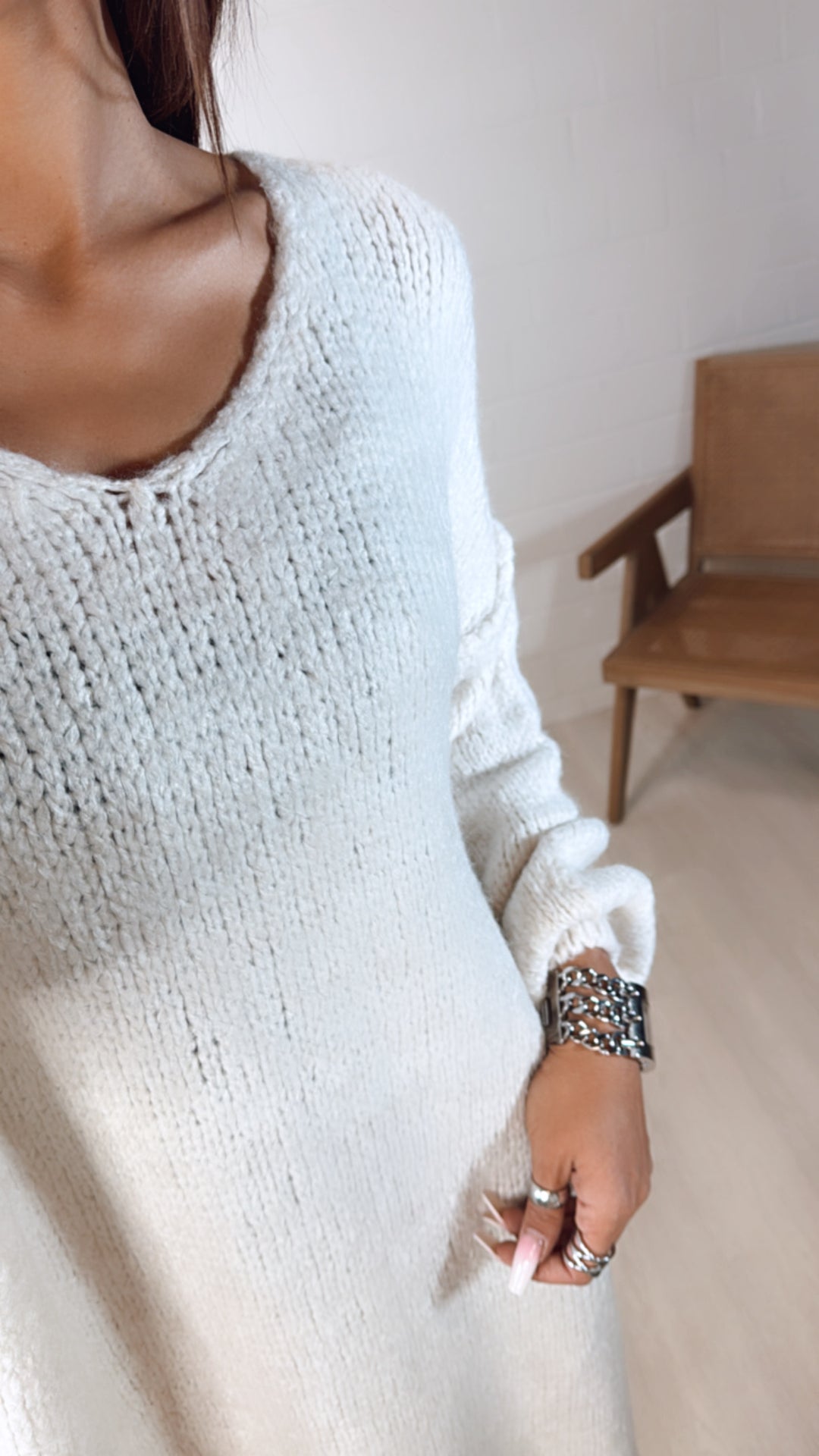 Kuschel Long Strick Pullover / Kleid, V-Ausschnitt / wollweiss Art. 8150