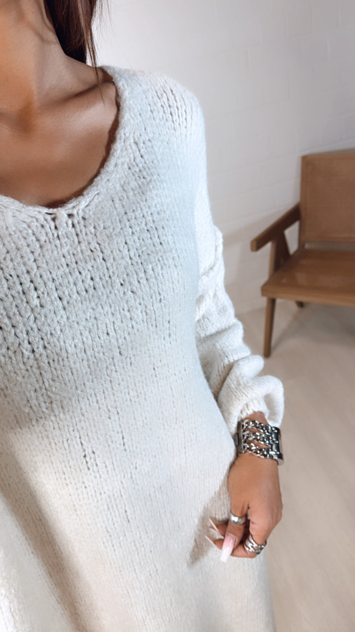 Kuschel Long Strick Pullover / Kleid, V-Ausschnitt / wollweiss Art. 8150