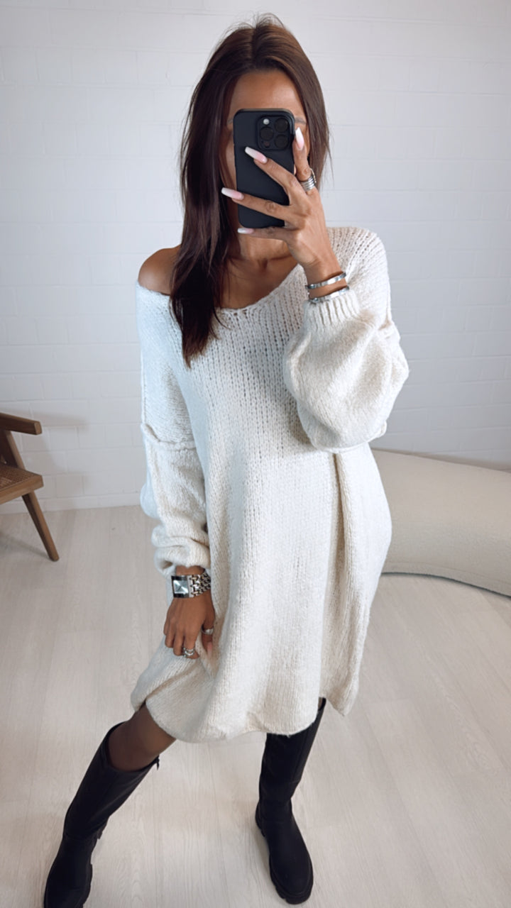 Kuschel Long Strick Pullover / Kleid, V-Ausschnitt / wollweiss Art. 8150