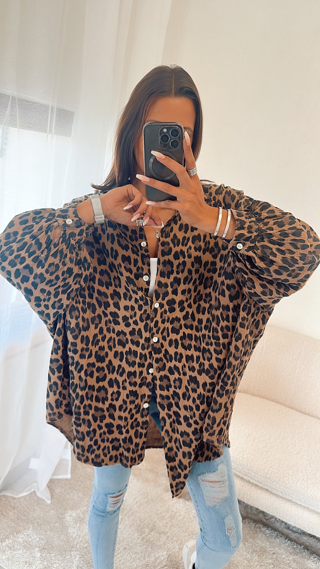 MEGA OVERSIZE Musselin Bluse Lang / Leo dunkle Töne Art. 4858