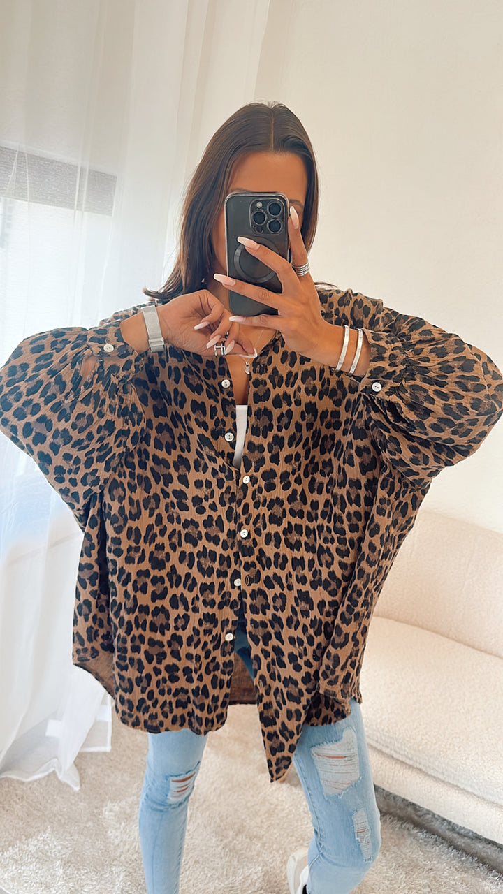 MEGA OVERSIZE Musselin Bluse Lang / Leo dunkle Töne Art. 4858