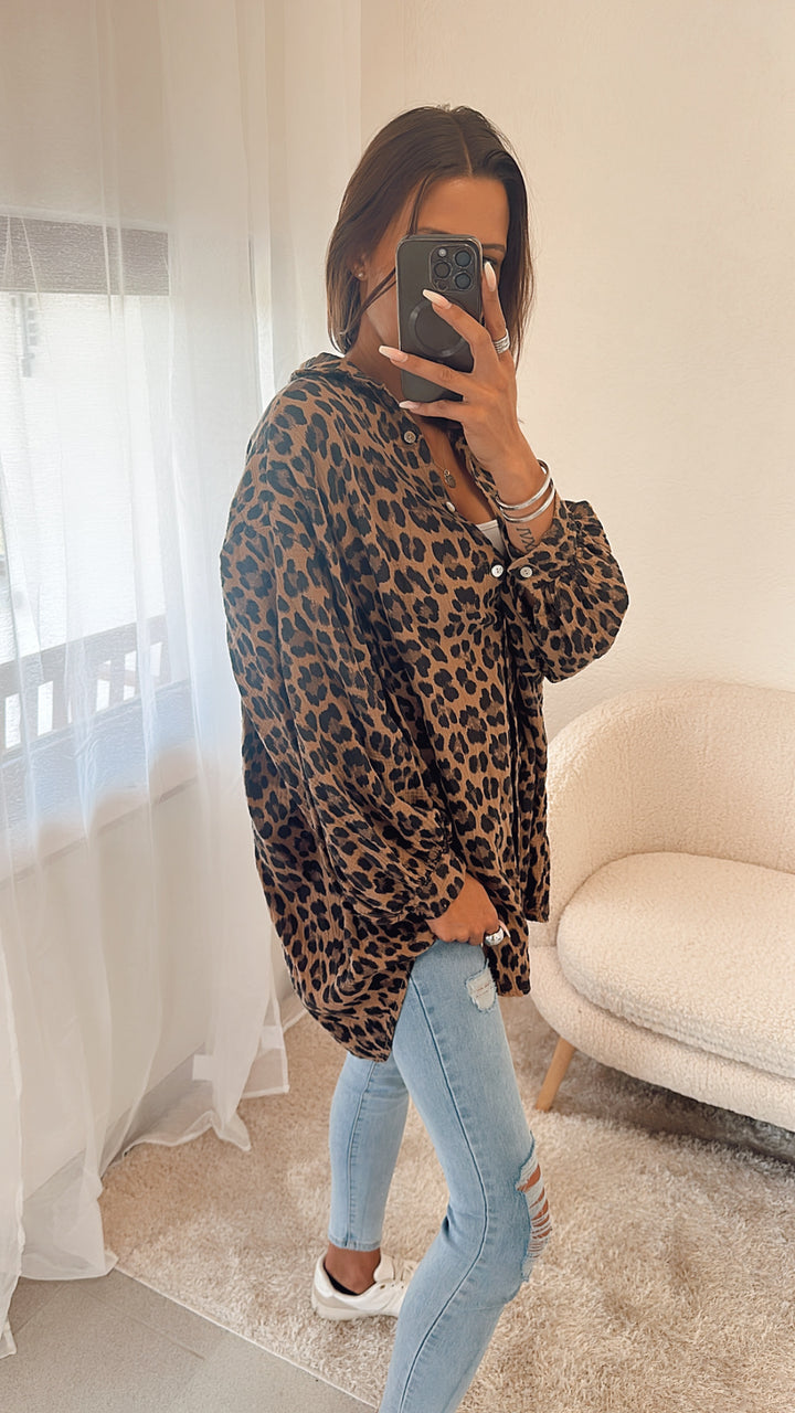 MEGA OVERSIZE Musselin Bluse Lang / Leo dunkle Töne Art. 4858