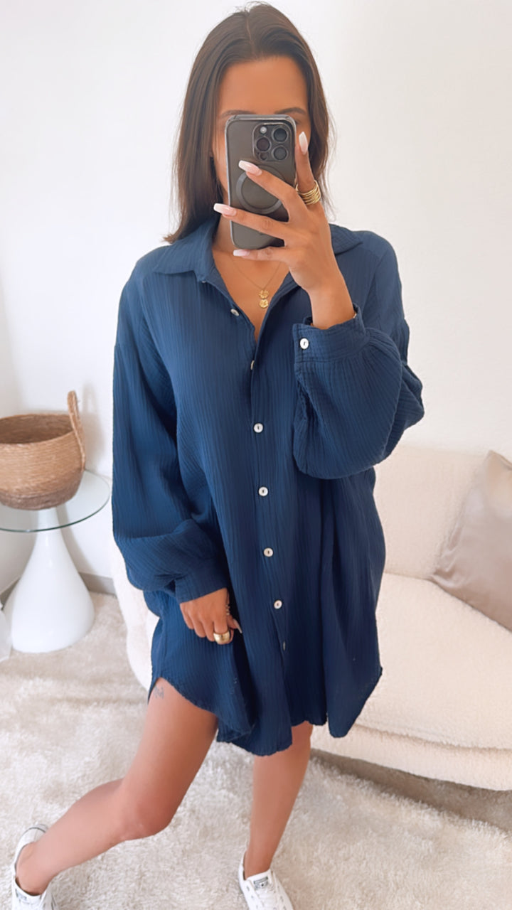 LANGE Oversize Musselin Bluse / dunkel blau Art. 4263