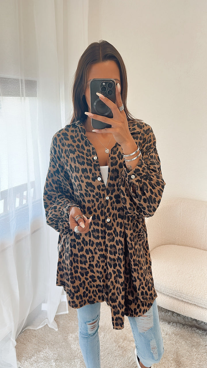 MEGA OVERSIZE Musselin Bluse Lang / Leo dunkle Töne Art. 4858