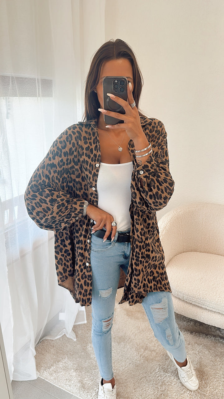 MEGA OVERSIZE Musselin Bluse Lang / Leo dunkle Töne Art. 4858