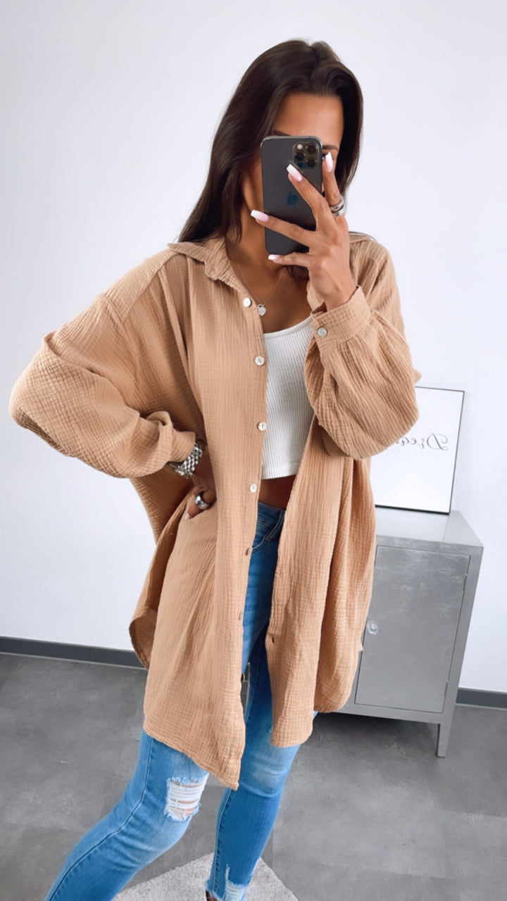 LANGE Oversize Musselin Bluse / Kaffee Ton Art. 2713