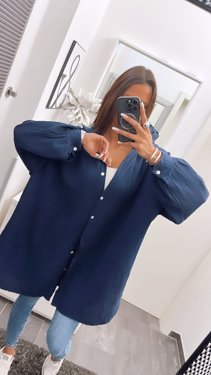 LANGE Oversize Musselin Bluse / dunkel blau Art. 4263