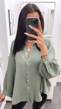 KURZE Oversize Musselin Bluse / khaki Art. 3200