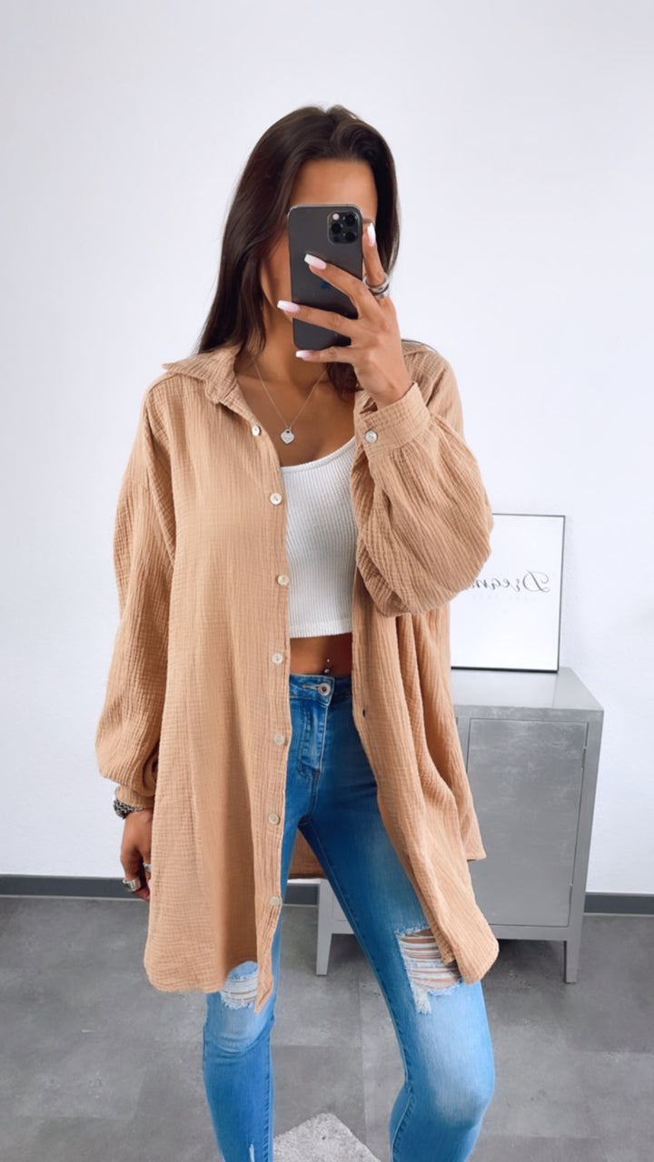 LANGE Oversize Musselin Bluse / Kaffee Ton Art. 2713