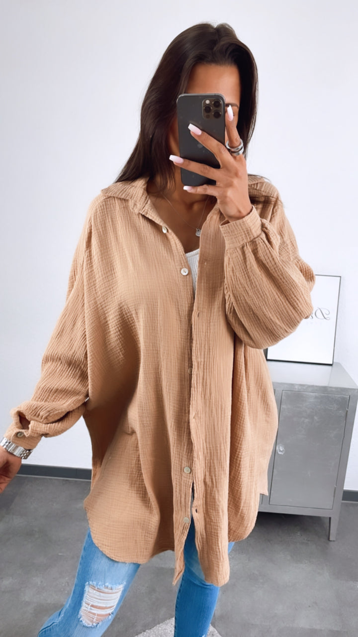 LANGE Oversize Musselin Bluse / Kaffee Ton Art. 2713