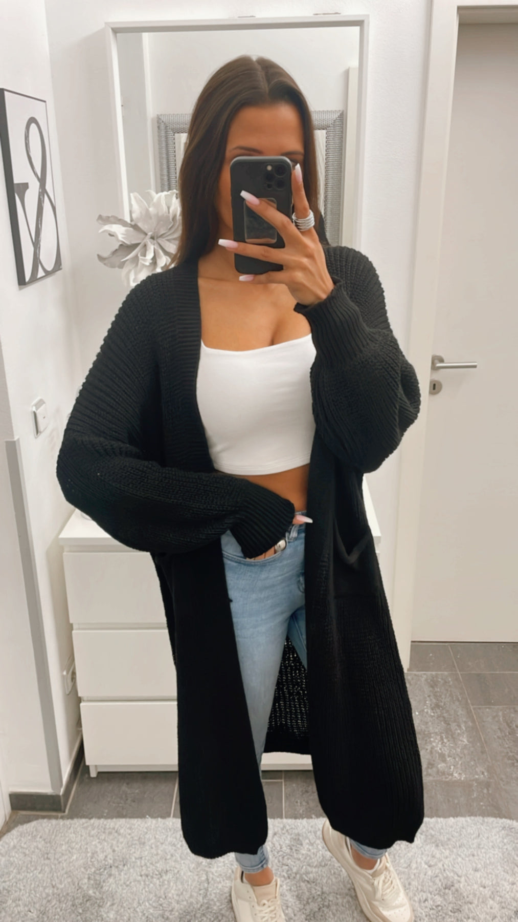 Mantel Schwarzer Langer Cardigan Strickmantel Damen Langer